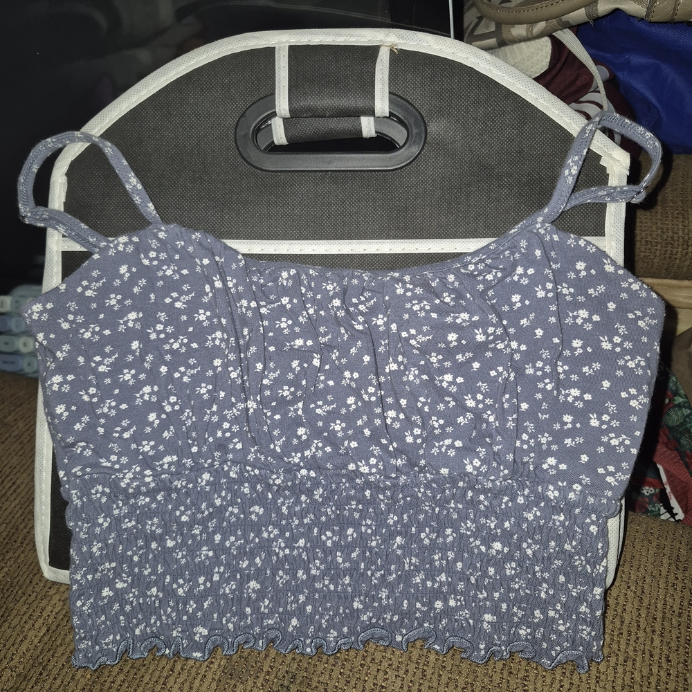 Hollister Dusty Blue Floral Smocked Cropped Cami